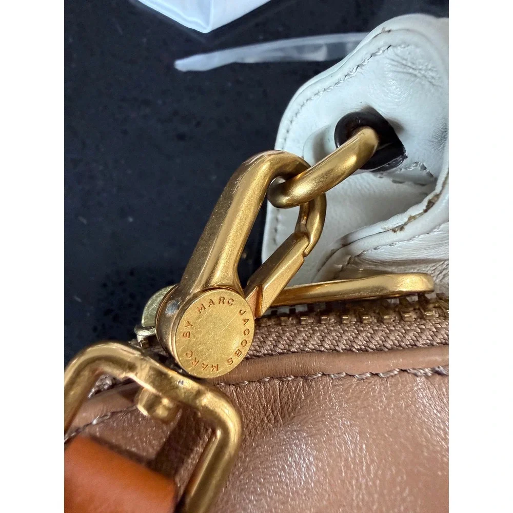 Marc by Marc Jacobs Tri-Color Leather Satchel Crossbody Bag Tan Cream Gold